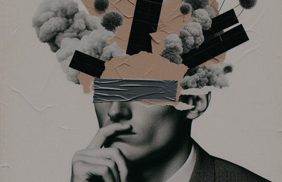 Surreal collage of a man with geometric shapes and clouds